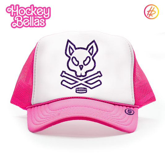 Hockey Bellas Neon Pink and Purple Glitter Adult Trucker