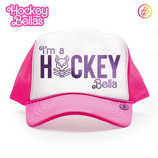 "I'm a Hockey Bella" Neon Pink and Electric Purple Youth Trucker